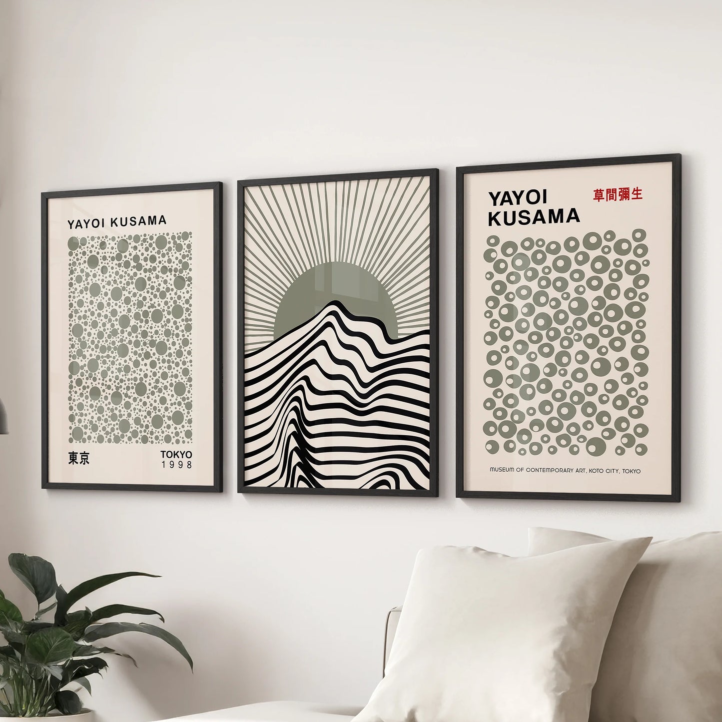 Kusama-inspired dot patterns, a set of three art prints for the lounge, styled above the sofa in sleek black frames to ground the space with subtle motion.
