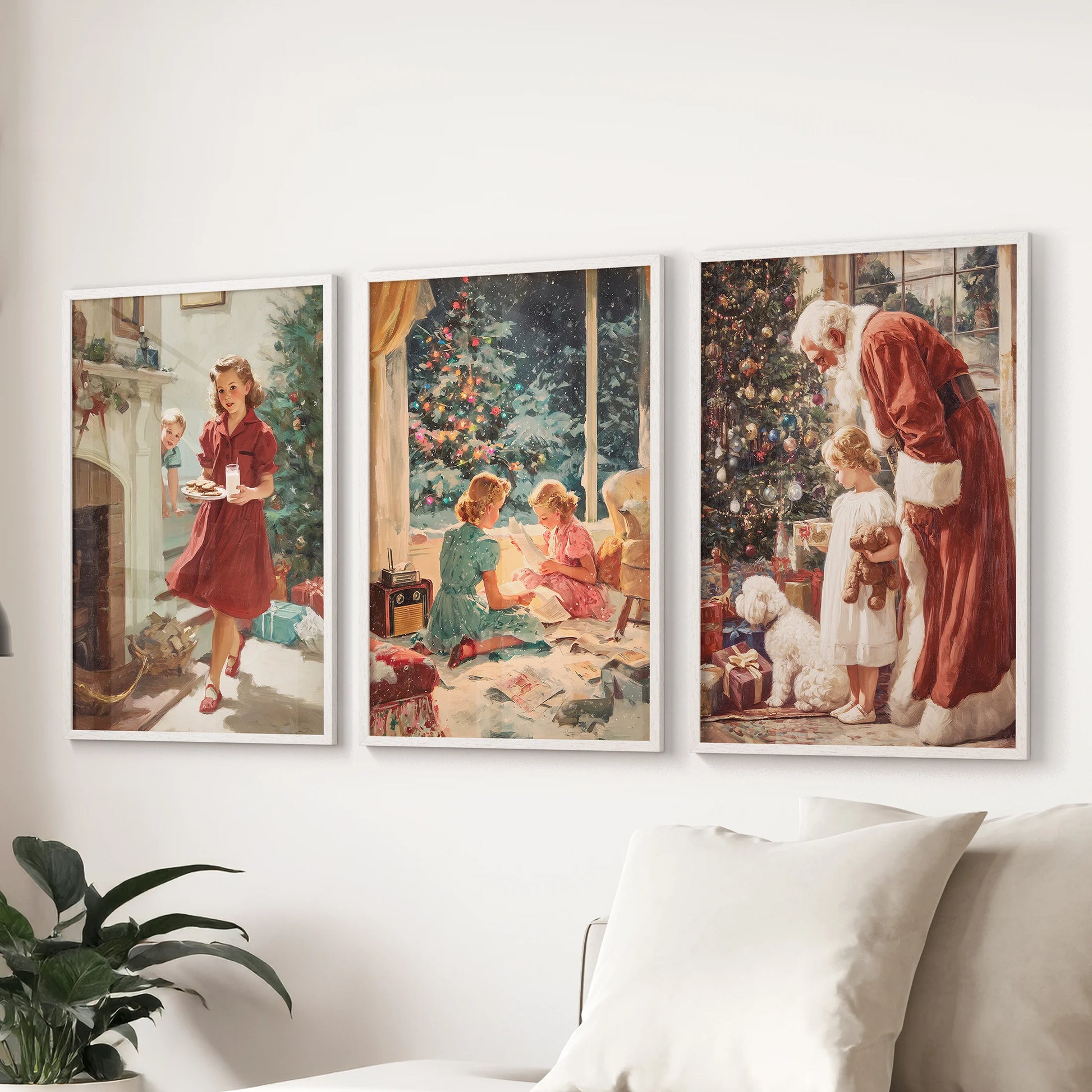 Santa Claus illustrations, three wall art prints, are displayed in white frames above the sitting room sectional for a playful vintage touch.