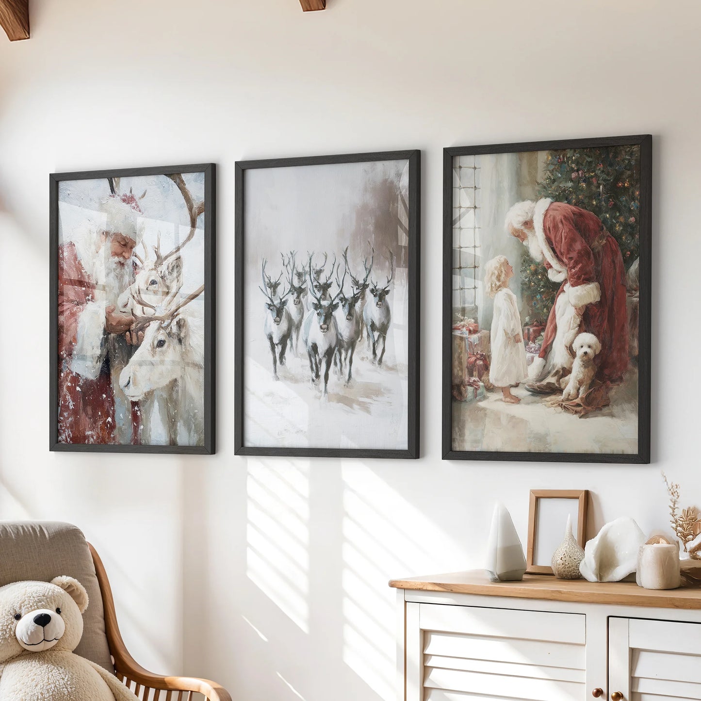 Vintage Santa Claus 3-print bundle wall art in black frames, styled for a playroom over the dresser, with cozy winter scenes in classic tones.