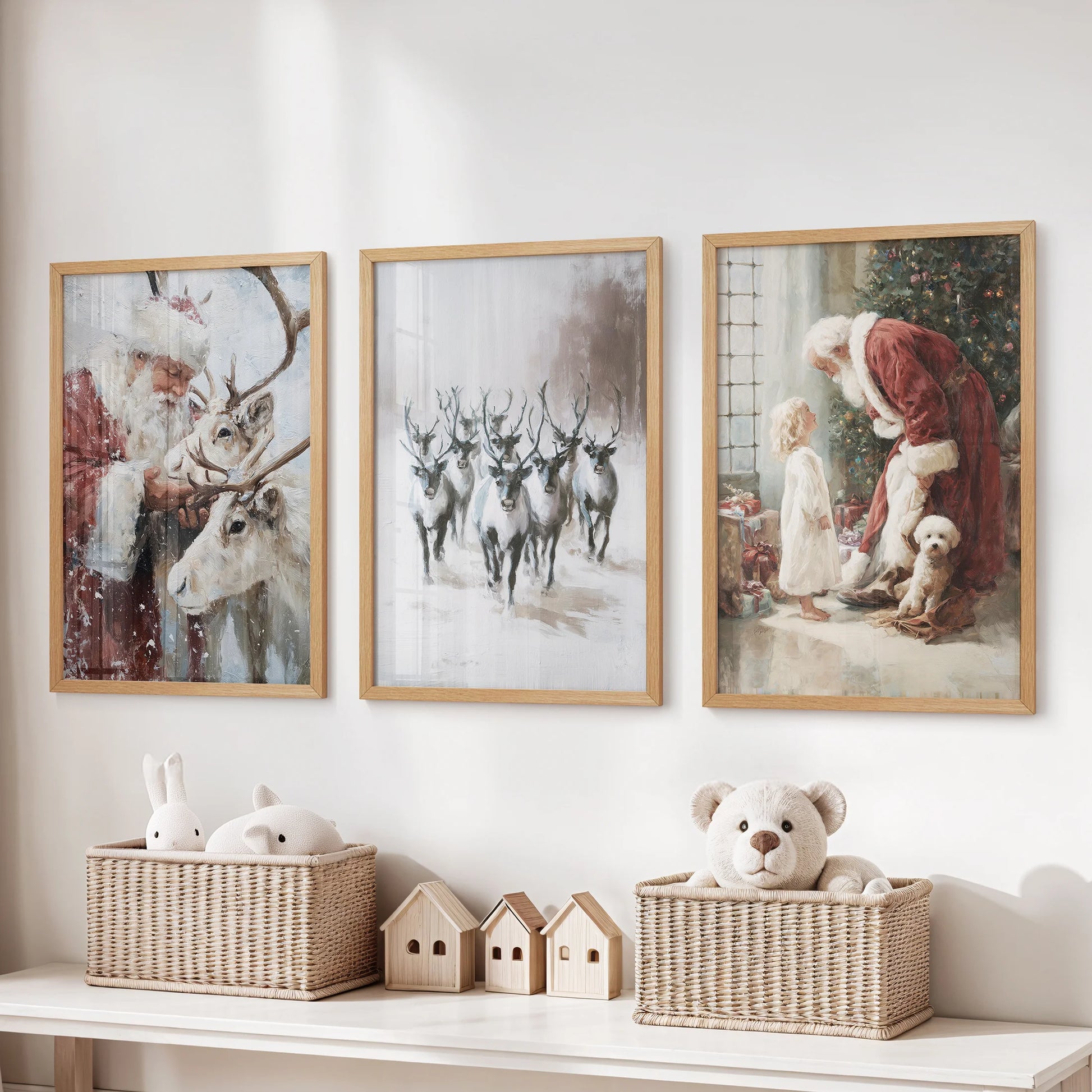Vintage winter decor wall art 3-piece set with thin wood frames rests above the playroom toy storage, brimming with classic reds and snowy magic.