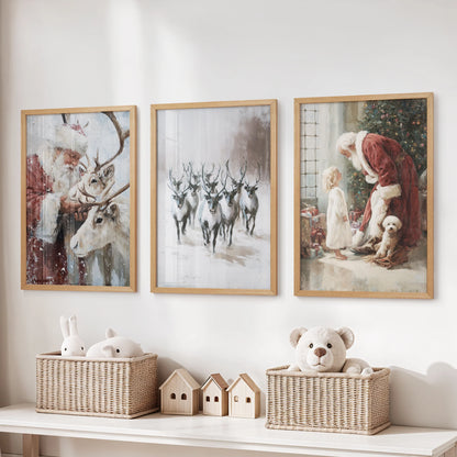 Vintage winter decor wall art 3-piece set with thin wood frames rests above the playroom toy storage, brimming with classic reds and snowy magic.