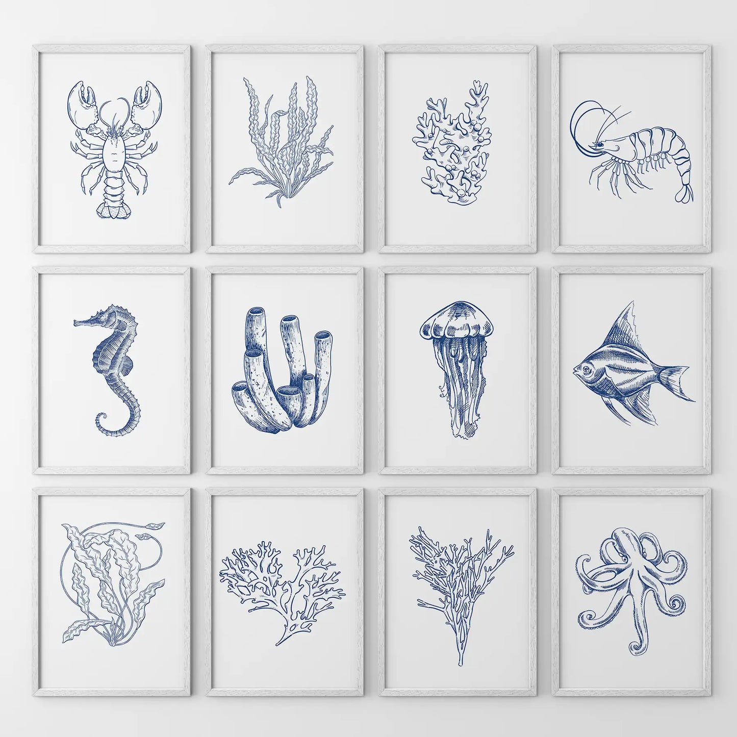 Nautical wall art set of 12 with sea creatures and coral. White frames for bedroom.