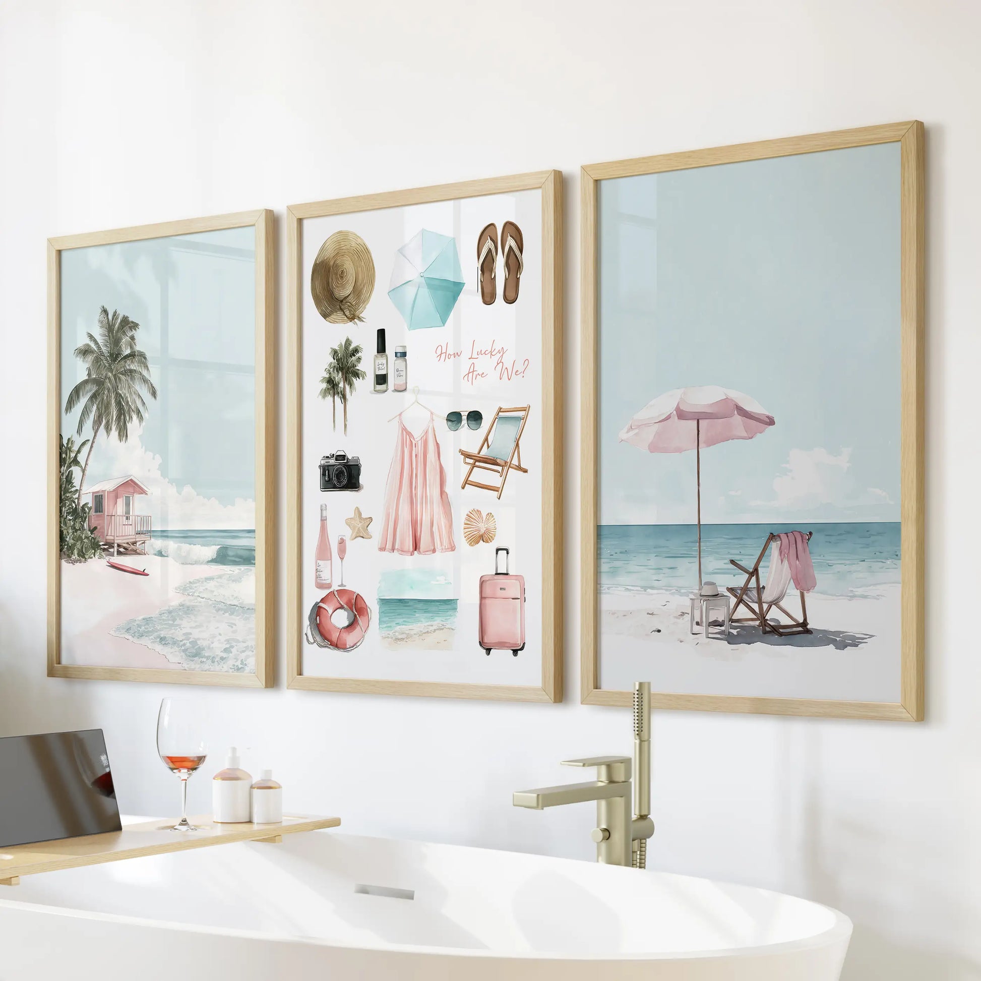 Three oak-framed art prints of shells and starfish refresh the bathroom decor when arranged along the wall above the tub.