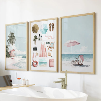 Three oak-framed art prints of shells and starfish refresh the bathroom decor when arranged along the wall above the tub.