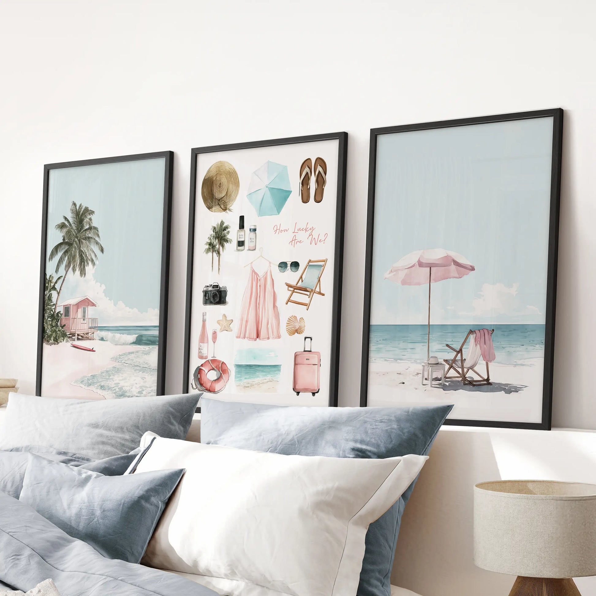 Pastel ocean waves, a trio of wall art prints in sleek black frames, anchor the blue bedroom when displayed above the bed.