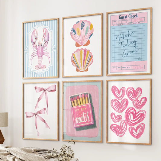 Bows motif six piece artwork hung on the bedside wall in natural oak frames, a preppy coastal art set that layers playful color into the bedroom.