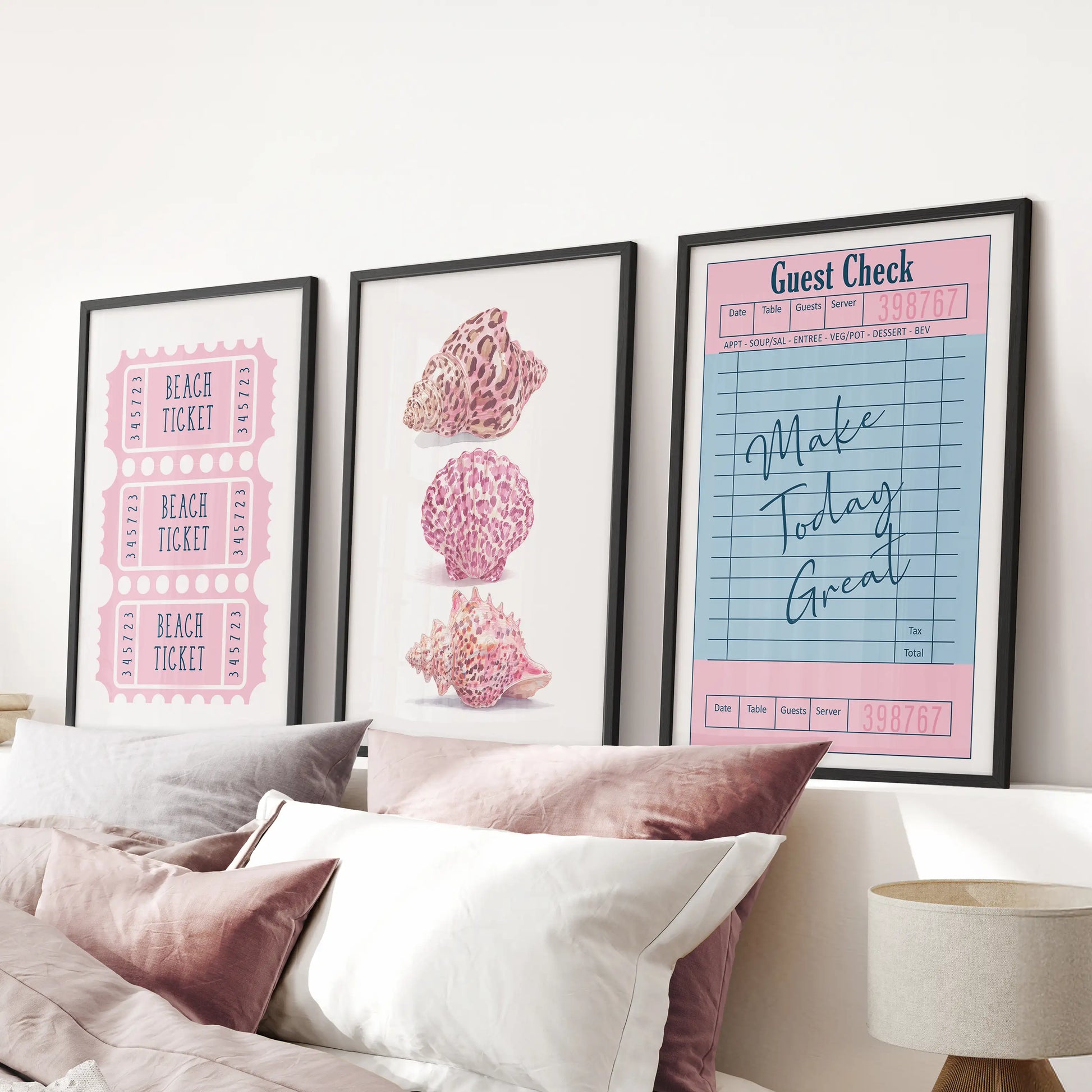 Guest check receipt art in a 3 wall art set for a pink bedroom, black framed and centered over the bed headboard for playful preppy charm.