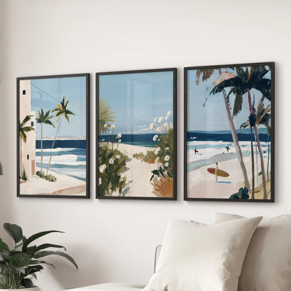 A 3-print bundle of tropical beach scenes, set in black frames, creates a vacation-easy focal point above the living room couch.