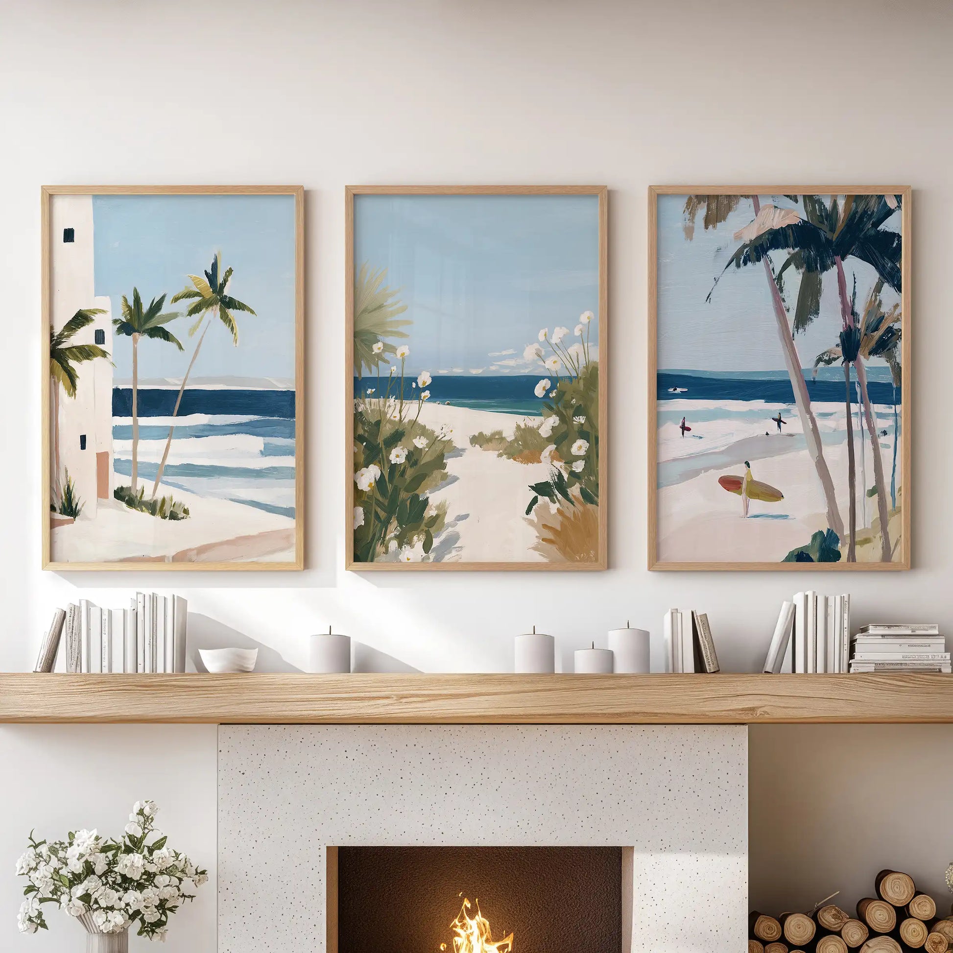 Set of three light-oak-framed seaside landscape prints centers above the living room fireplace, blending gentle beach colors and warmth.