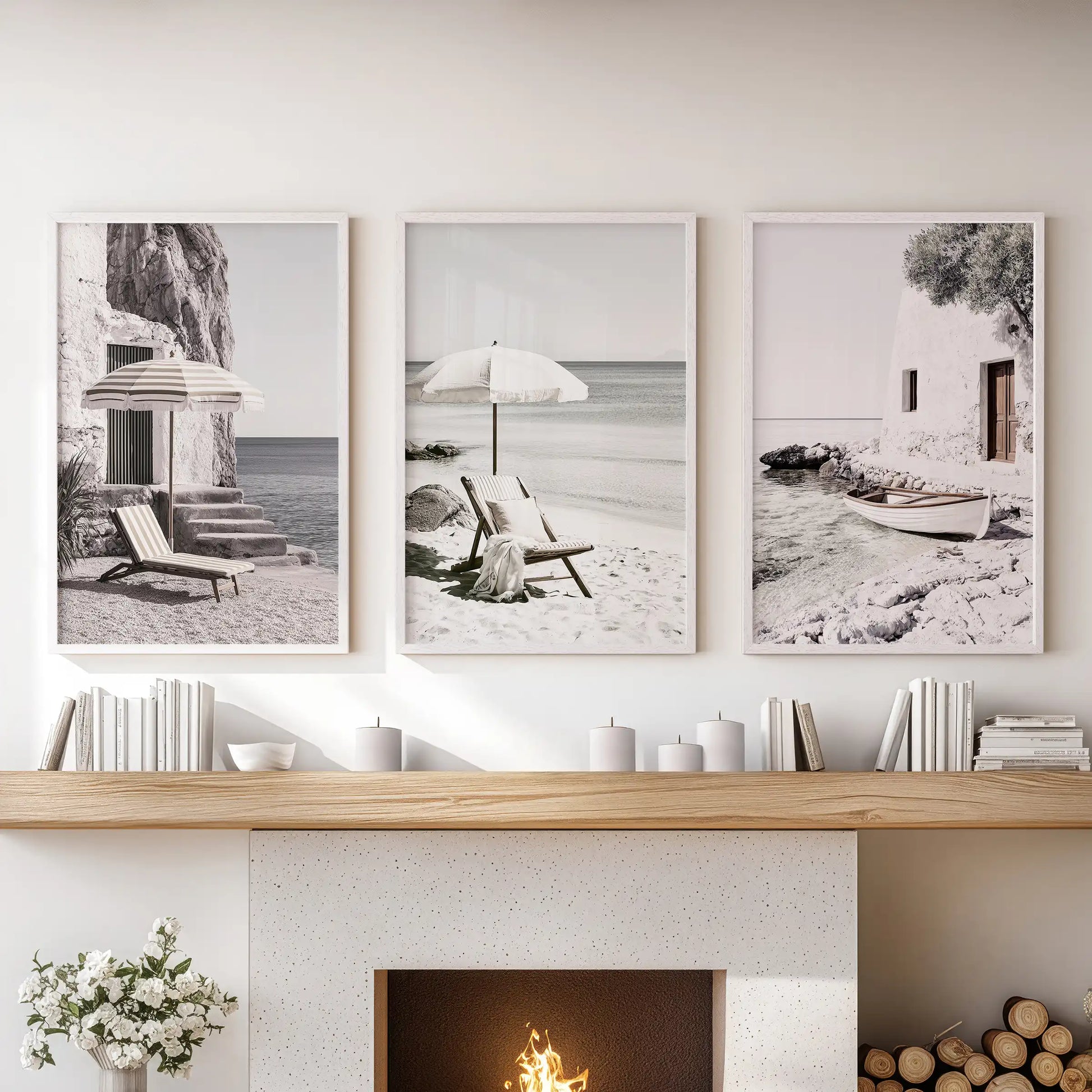 A 3-pc wall art set features calm ocean and shoreline scenes in white frames. Placed over the hearth, it opens up the living room with balanced coastal character.