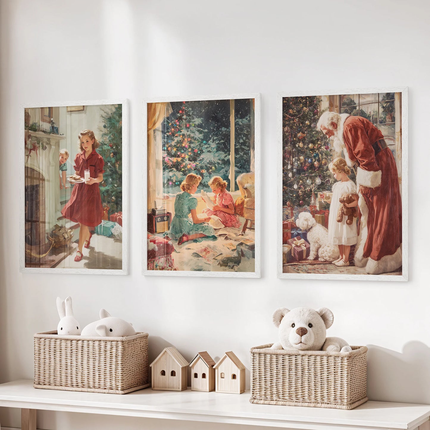 Whimsical winter prints, a three-print wall art set, brighten a children's room in white frames hung over the toy storage bench.