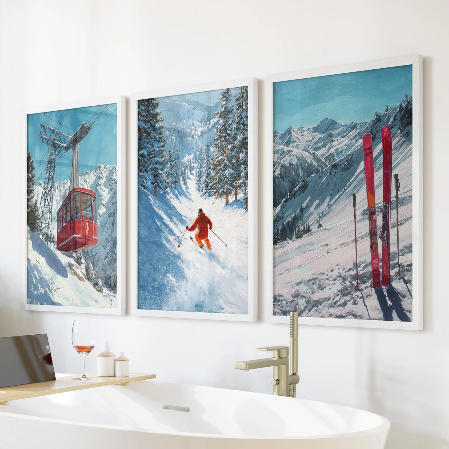 Three alpine village chalet prints in fresh white frames, designed as wall art over the tub to brighten a bathroom with mountain calm.