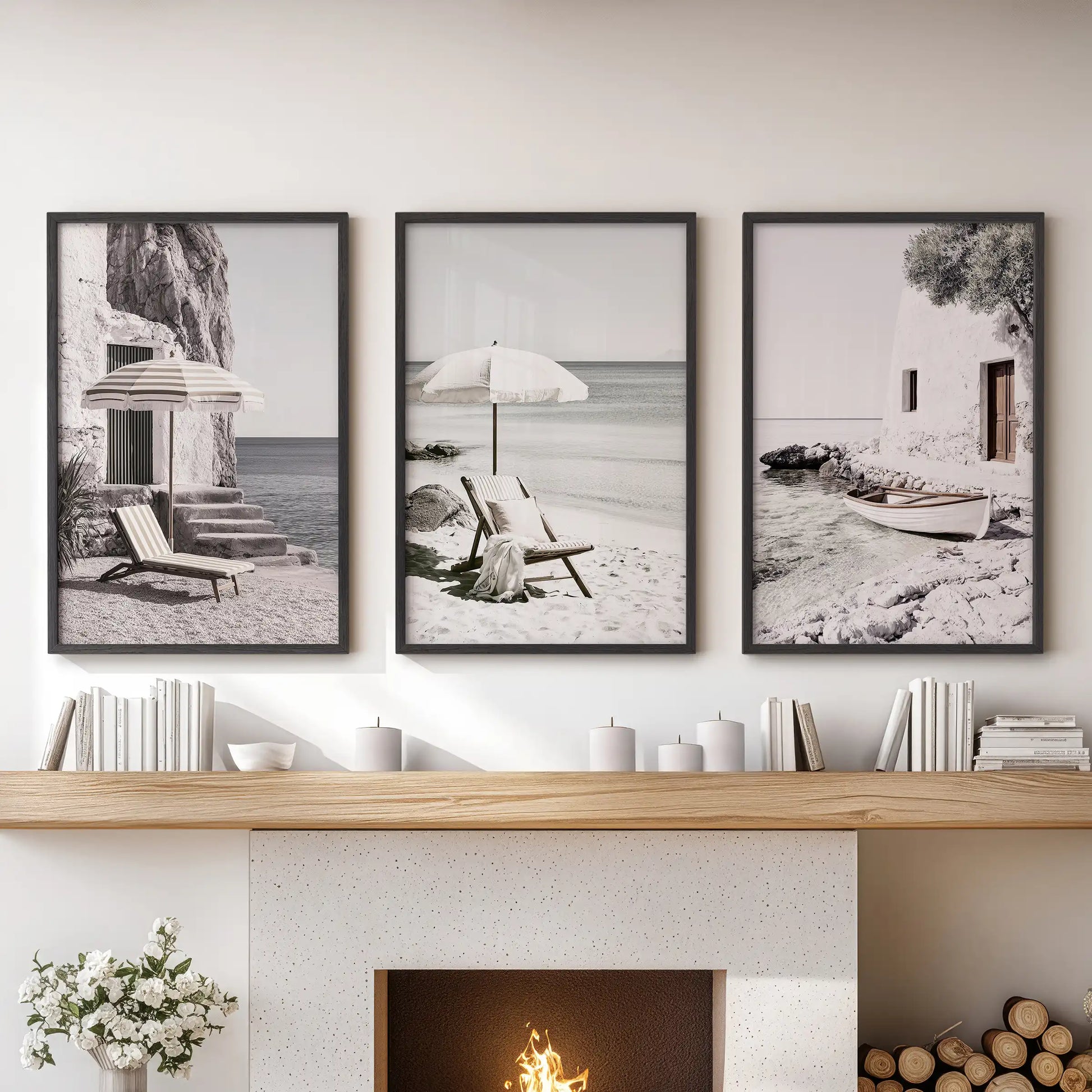 Mediterranean beach photography, a three-print wall art set in black frames, centered above the mantel to lend airy shoreline elegance to the living room.