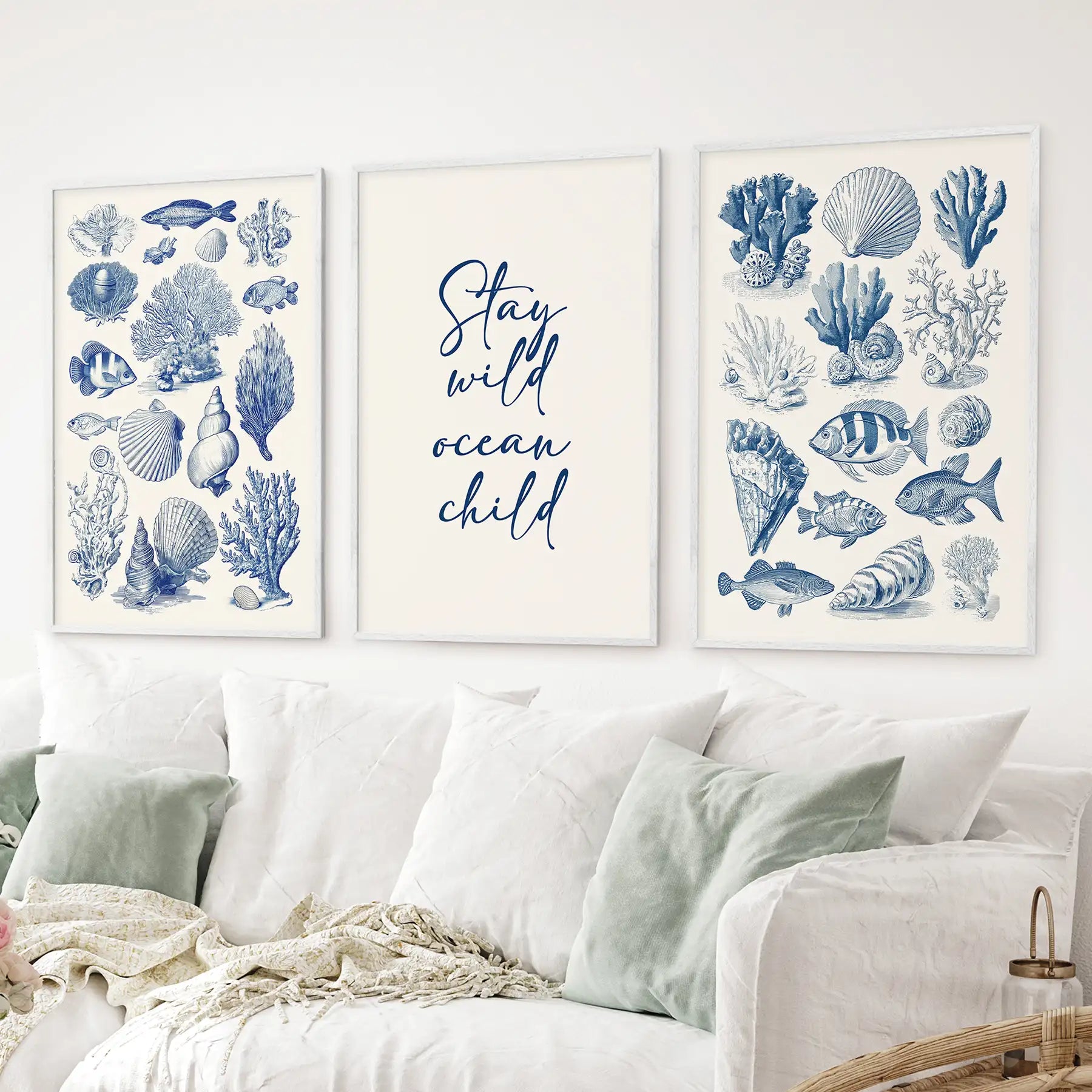 Nautical decor posters featuring shells, corals, fish, and marine life. White frames for living room.                                                    