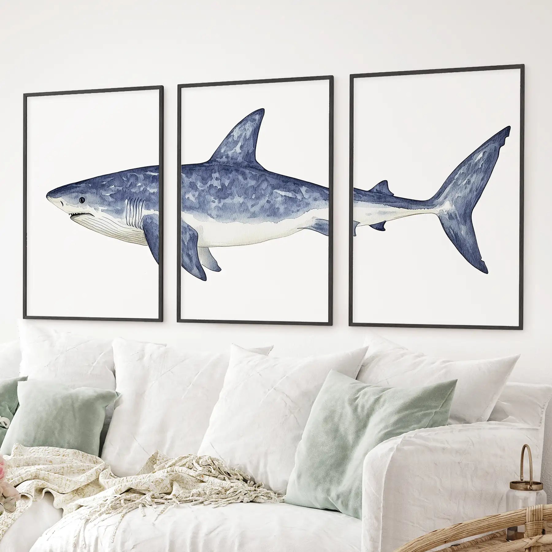 Blue shark watercolor print set. 3 piece marine animal artwork coastal wall art. Black frames for living room.