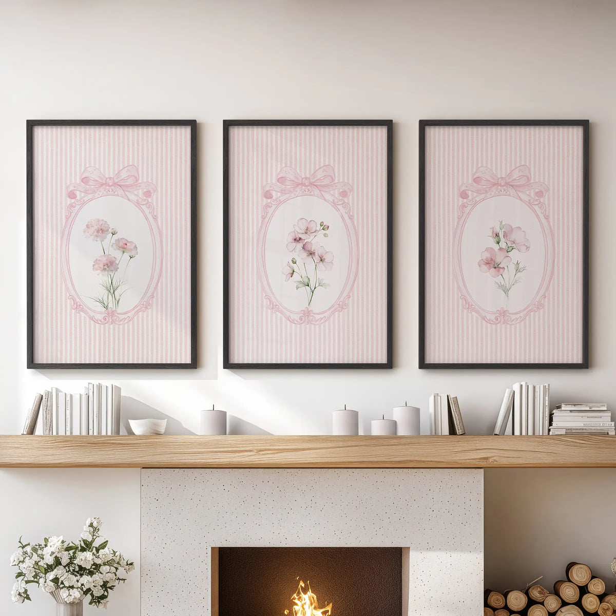 Set of three shabby chic flower prints in black frames over the family room mantel.