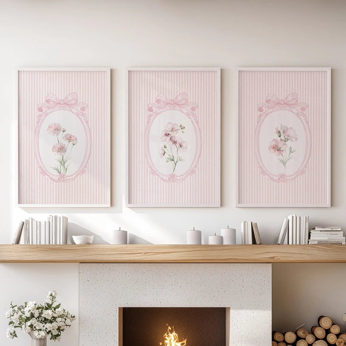 Shabby chic flowers in a set of three wall prints, displayed in white frames over the fireplace in a sitting room.