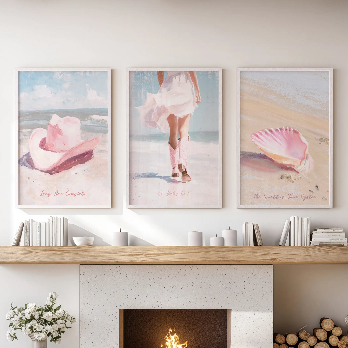 Cowgirl hat and boots artwork, framed in white as a three-piece set, tops the family room hearth with rosy western icons and seaside calm.