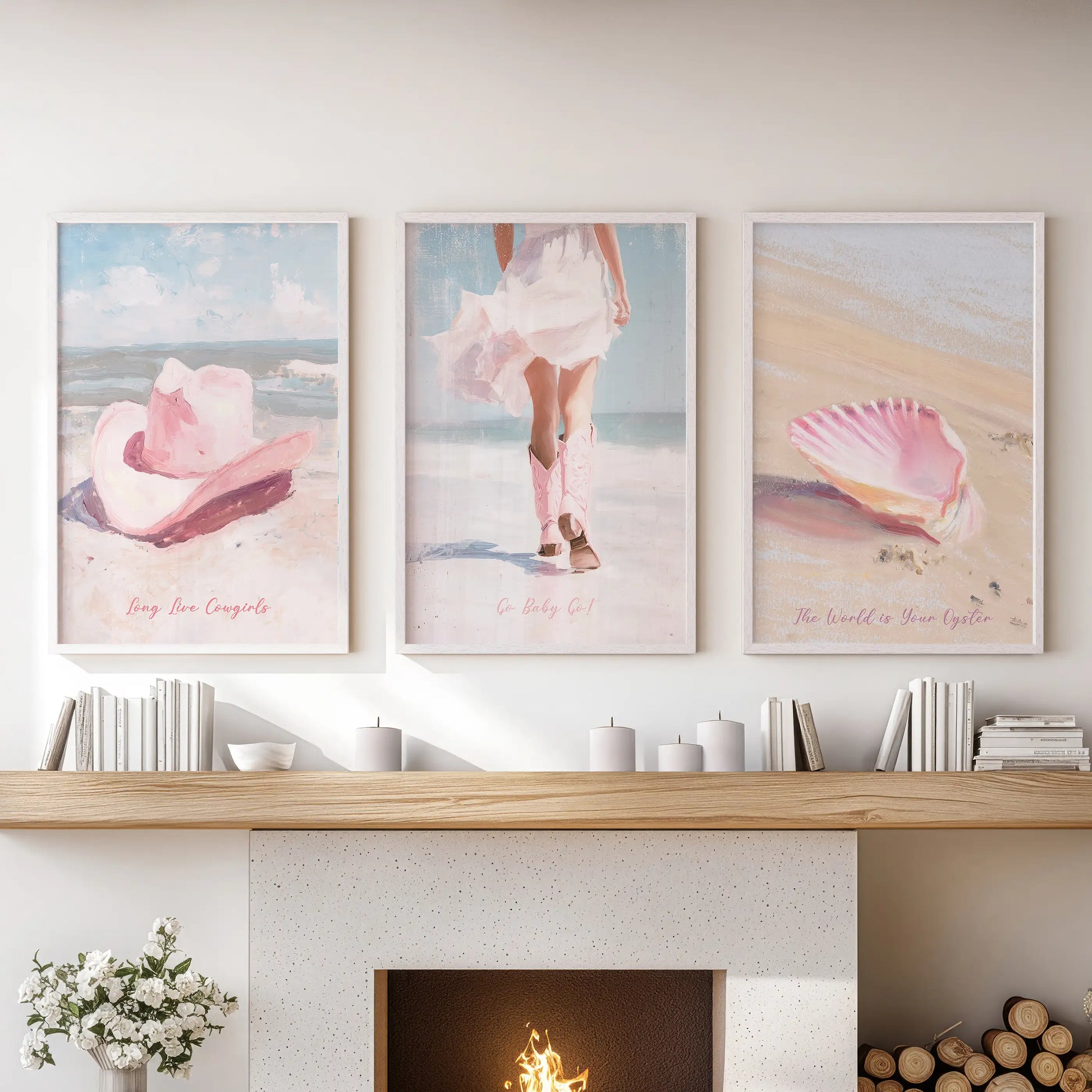 Cowgirl hat and boots artwork, framed in white as a three-piece set, tops the family room hearth with rosy western icons and seaside calm.