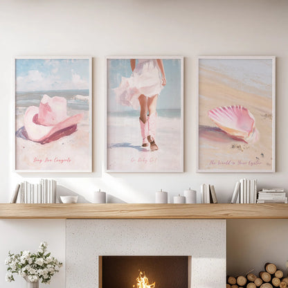 Cowgirl hat and boots artwork, framed in white as a three-piece set, tops the family room hearth with rosy western icons and seaside calm.