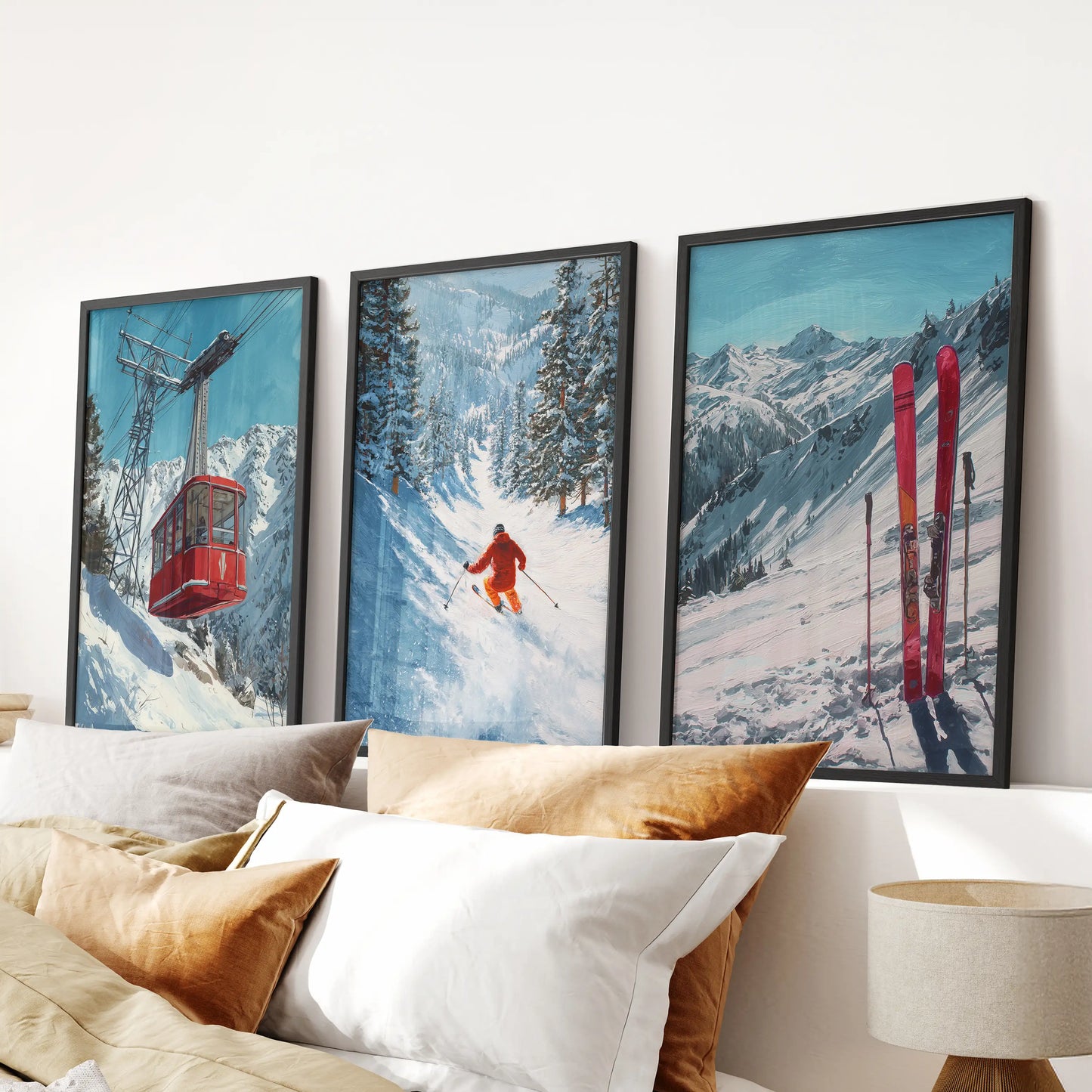 Ski lift illustrations, 3-piece wall art set, presented as black framed prints for the bedroom, meant to sit above the bed and bring a crisp, alpine vibe.