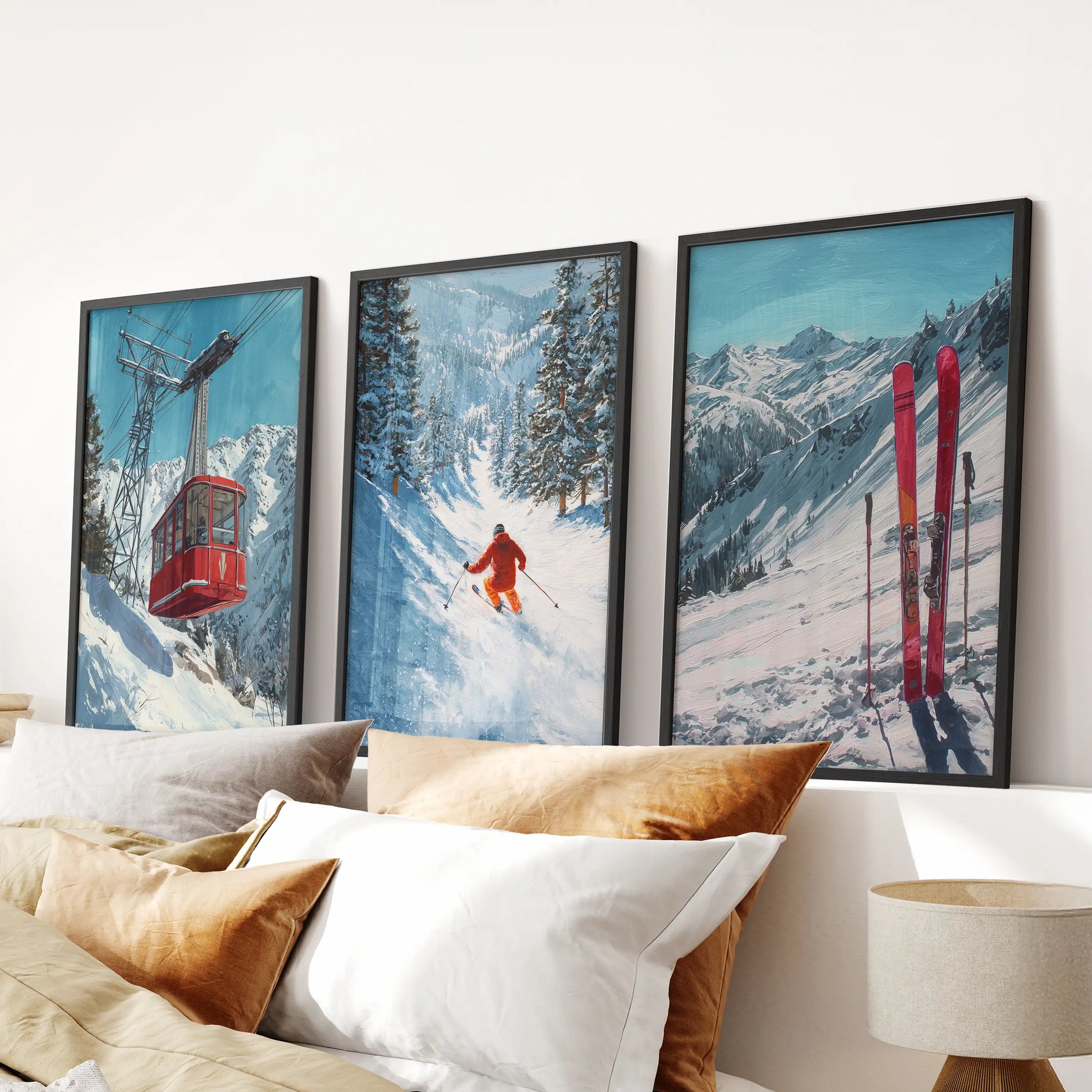 Ski lift illustrations, 3-piece wall art set, presented as black framed prints for the bedroom, meant to sit above the bed and bring a crisp, alpine vibe.