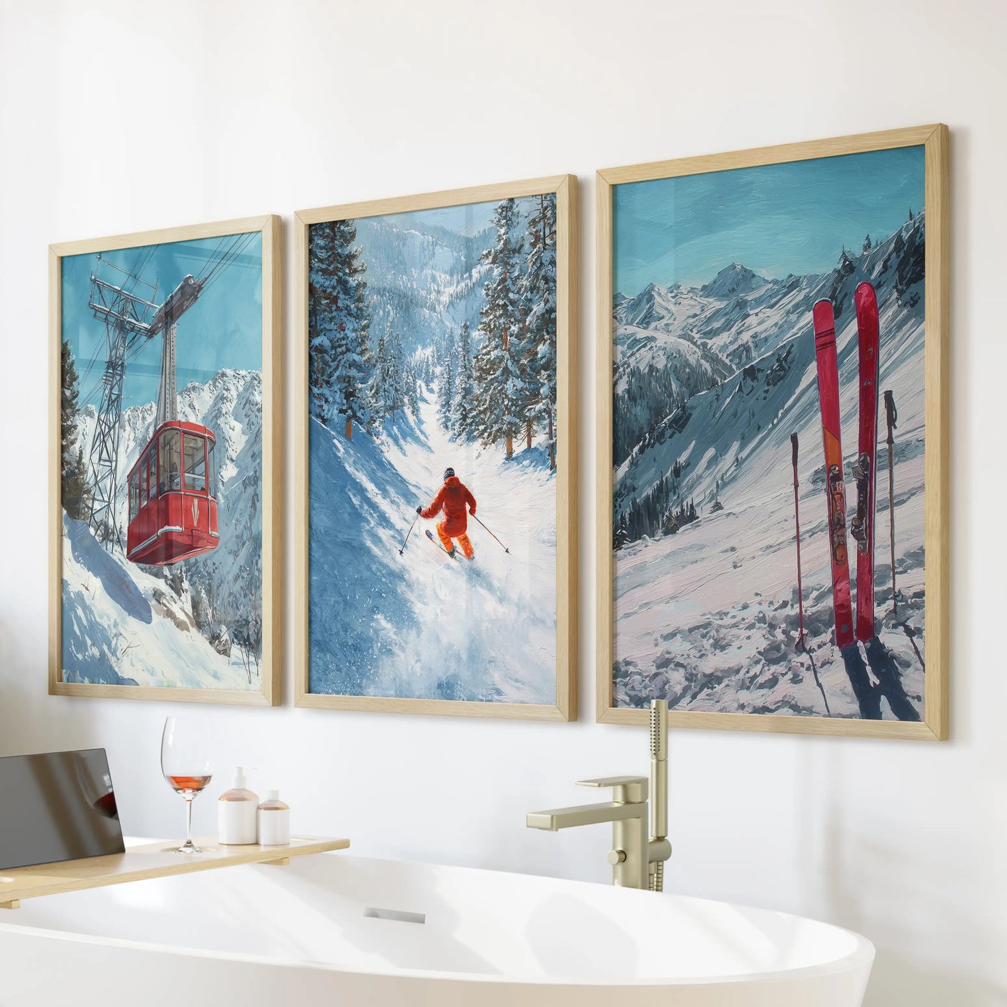 Natural wood frames enclose three ski lift art prints, bringing warm alpine decor above a bathroom bath.