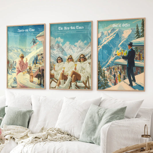 Après-ski lifestyle art prints, featuring mountain cocktails and snowy chalet views. Thinwood frames over the couch.