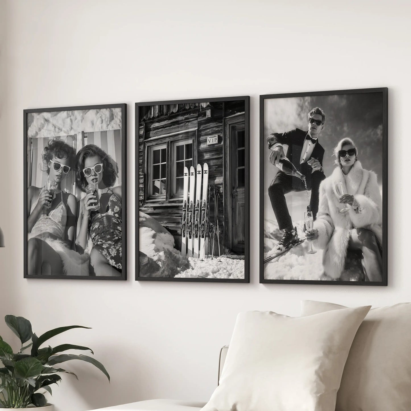 Three black-framed art prints of bar-cart drinks stretch over the family-room sectional, creating crisp, graphic ski-lodge nostalgia.