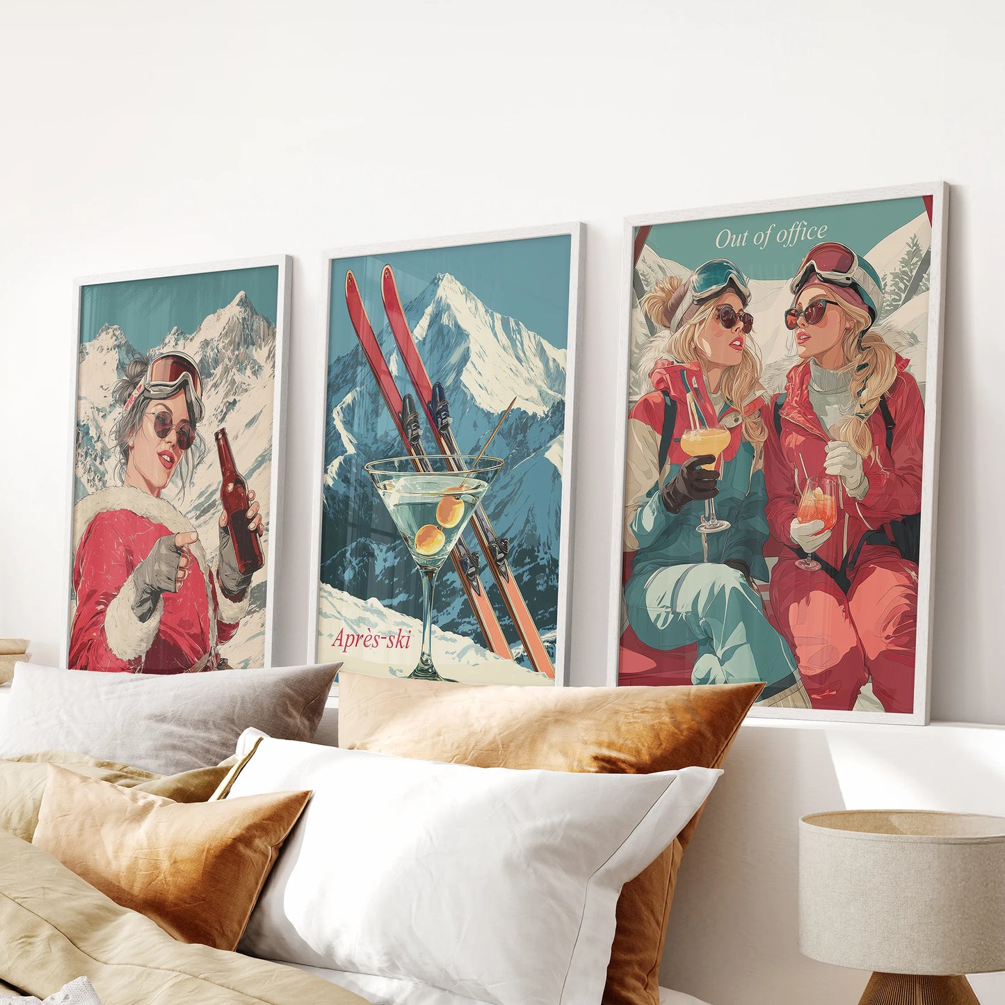 Alpine mountain posters, three-piece set in white frames for the bedroom, placed above the bed's headboard with pared-back flair.