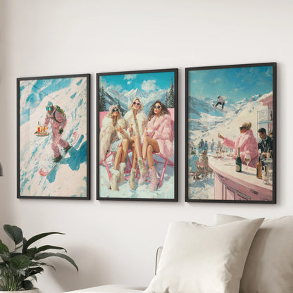 Winter snowboarding decor, a trio of wall posters in sleek black frames, hang over the sofa to energize the sitting room with fast lines and playful winter attitude.