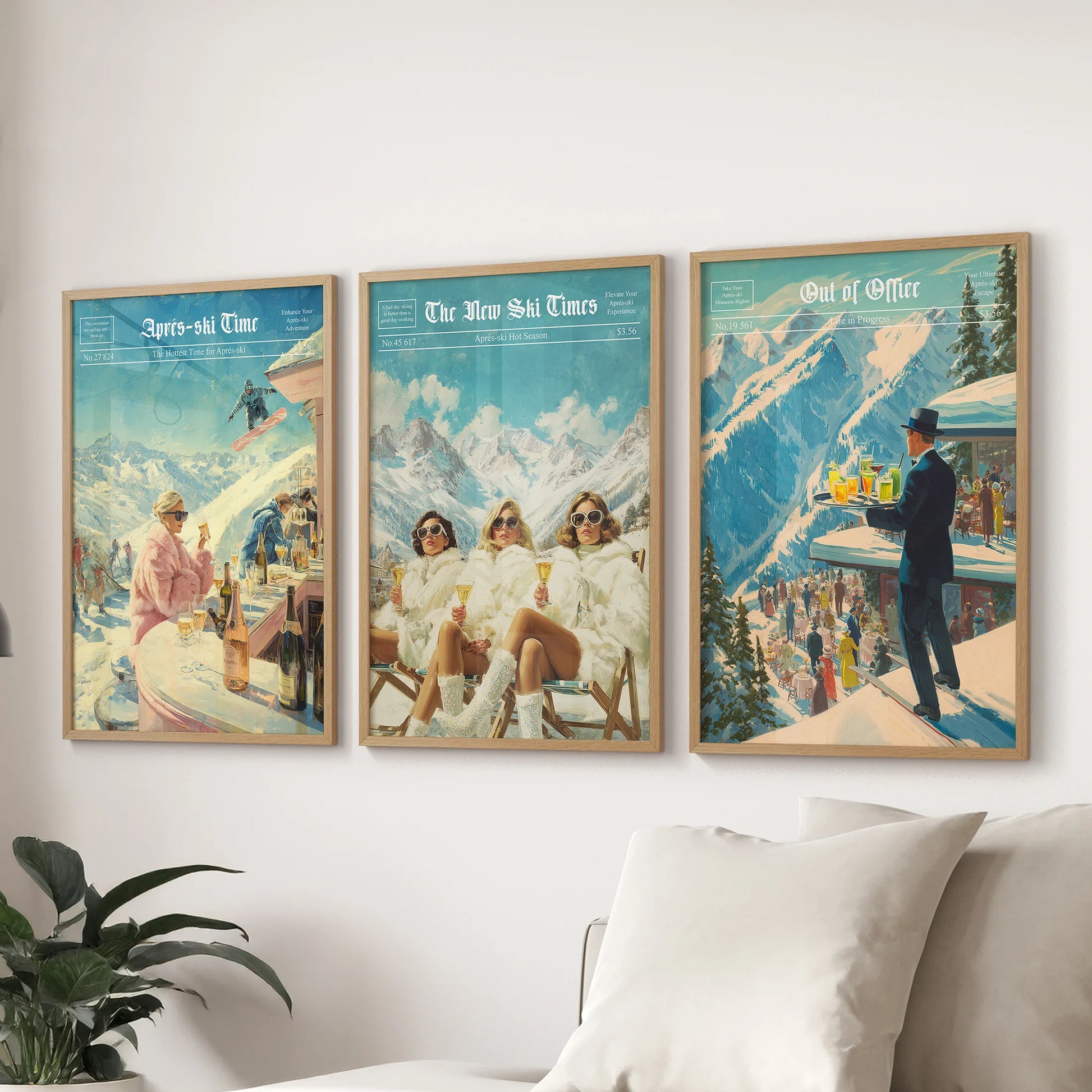 Vintage magazine-style ski graphics, three-piece framed set in natural oak frames, add polish behind the couch in the sitting room with subtle warmth.