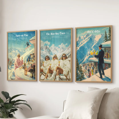 Vintage magazine-style ski graphics, three-piece framed set in natural oak frames, add polish behind the couch in the sitting room with subtle warmth.