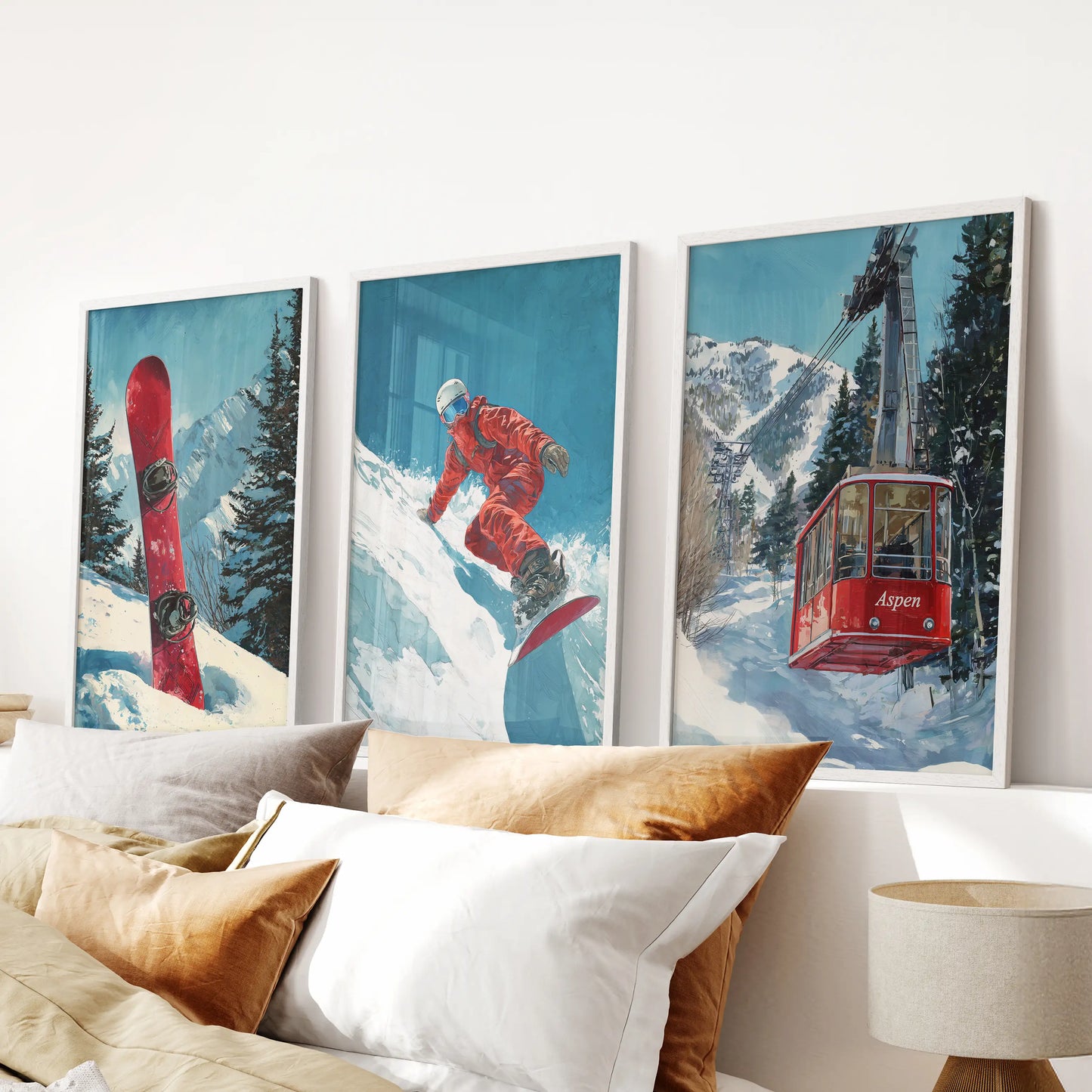 Snowy mountain landscapes, a 3-print bundle in white frames, rise above the bedroom headboard for a serene, lodge-ready focal point.