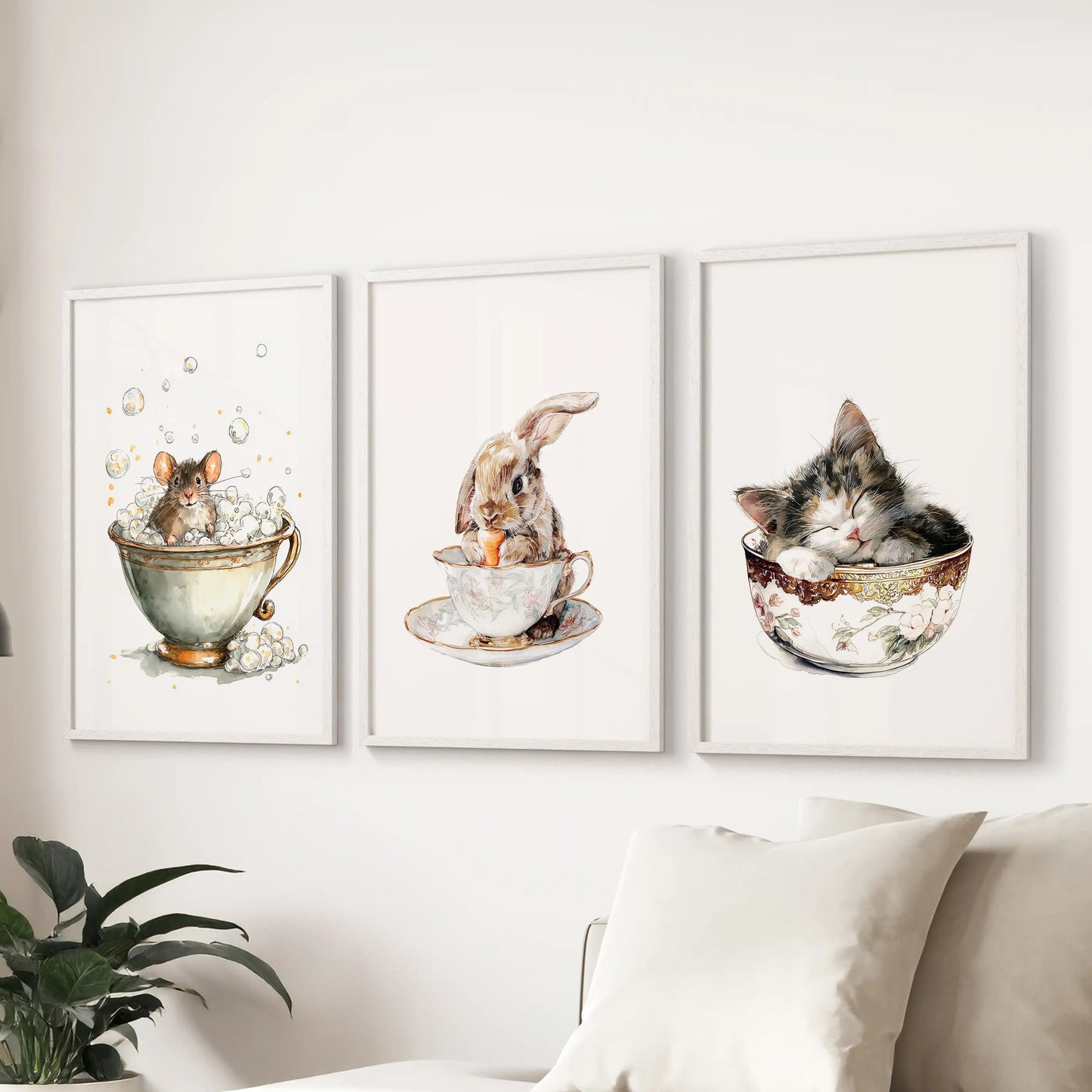 Three white-framed wall art pieces with vintage watercolor nursery animals gather above the sectional for a tender family room accent.
