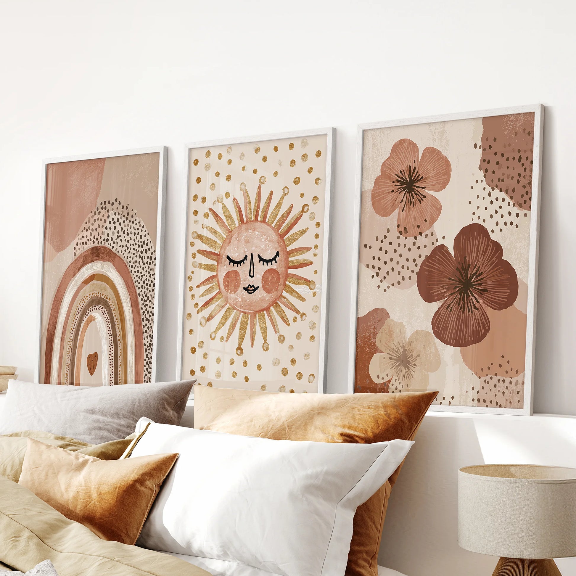 Pastel rainbow 3-piece picture set brightens the bedroom above the headboard, with white-framed prints that keep the look sweet and serene.