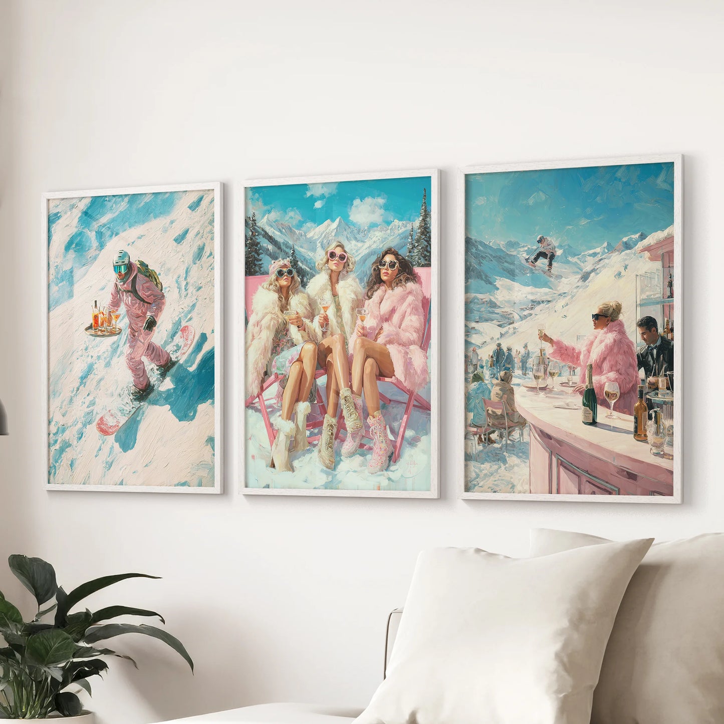 Preppy ski lodge art in a three-piece wall decor set, finished in white frames, hangs above the couch to freshen the living room with bright, wintery charm.