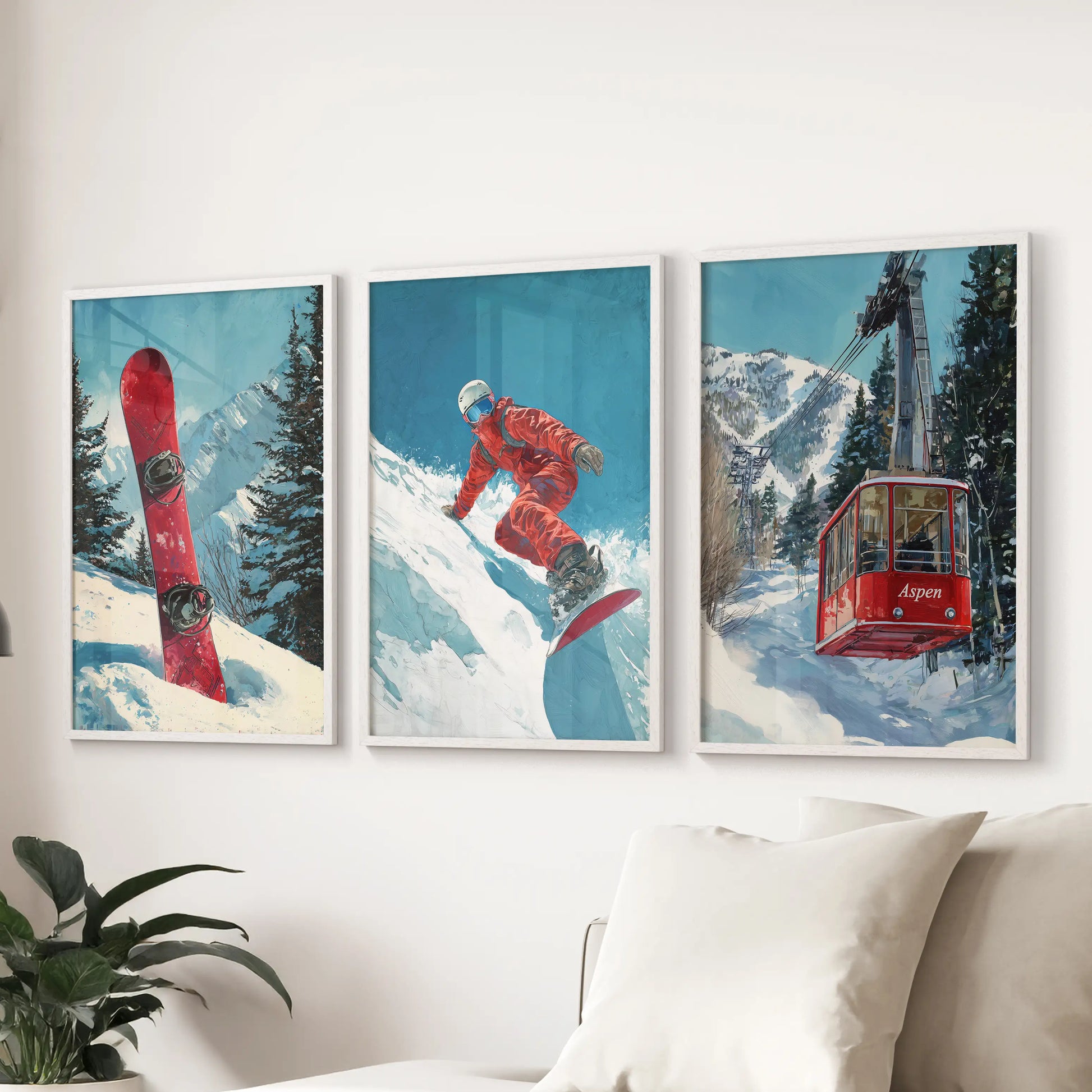 Snowy mountain landscape wall art, a white-framed triptych, brings wide-open winter views to the sitting room over the sofa.