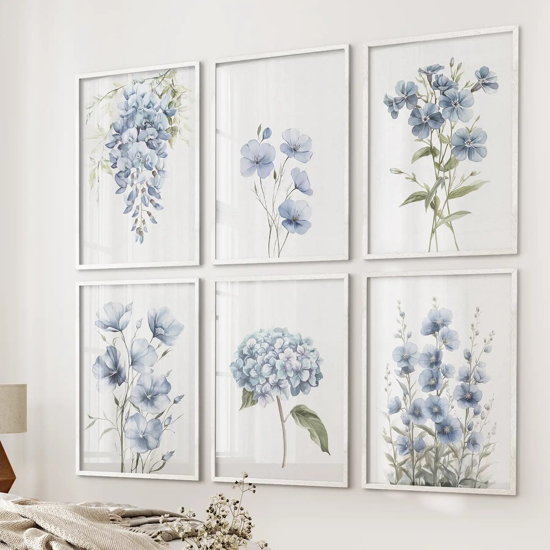 Set of 6 floral wall art prints with blue flowers like hydrangeas and wisteria. White frames for living room.