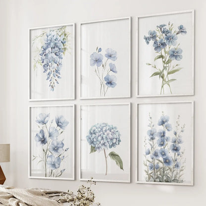 Set of 6 floral wall art prints with blue flowers like hydrangeas and wisteria. White frames for living room.