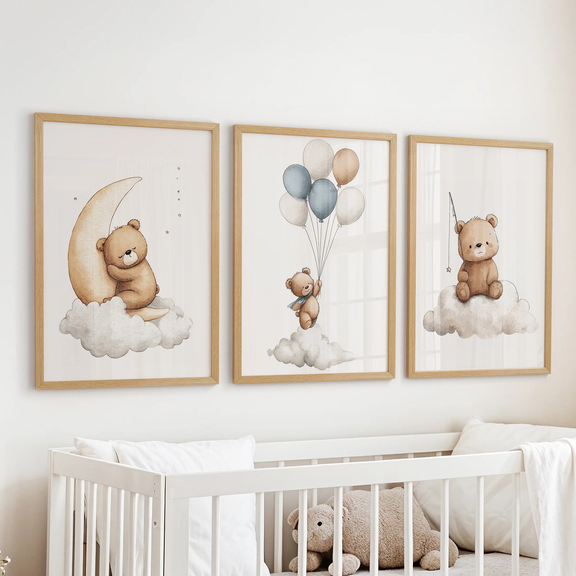 Nursery wall with wooden frames and bear characters—moon napper, balloon rider, star catcher.
