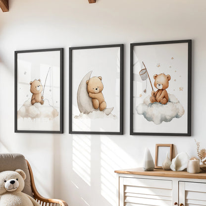 Neutral baby room wall decor with watercolor bears holding stars and fishing from clouds.