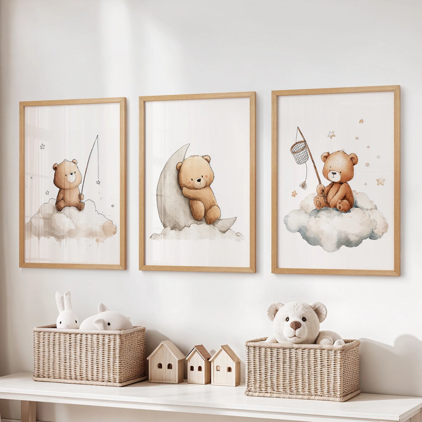 Nursery wall art set of three featuring adorable watercolor teddy bears on dreamy backgrounds.