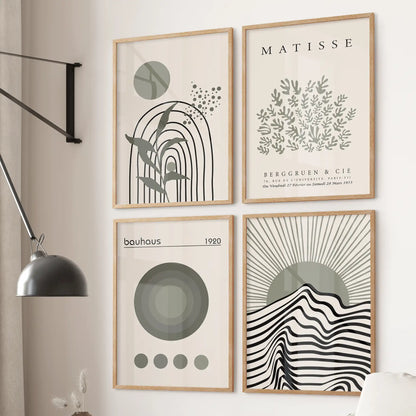 Sage green art set in wood frames, modern abstract Matisse prints for living room
