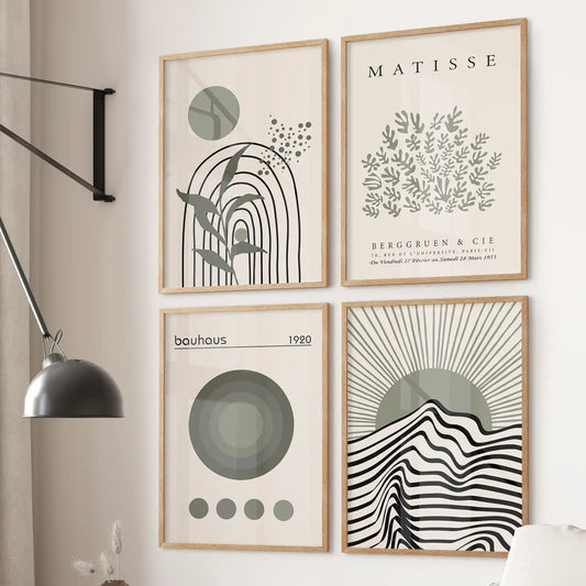 Sage green art set in wood frames, modern abstract Matisse prints for living room