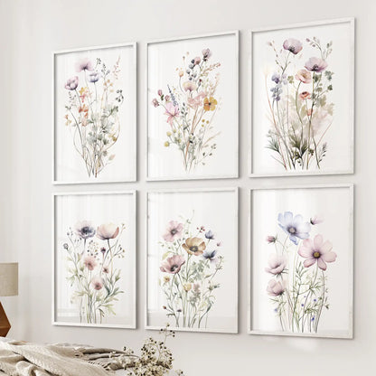 Soft wildflower poster set of 6 in white frames, botanical wall art
