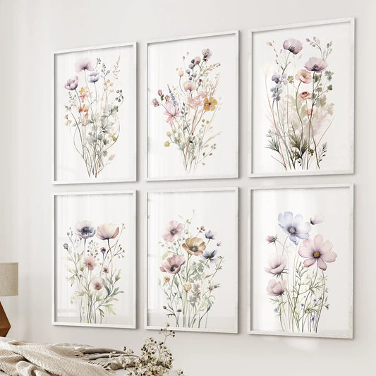 Soft wildflower poster set of 6 in white frames, botanical wall art