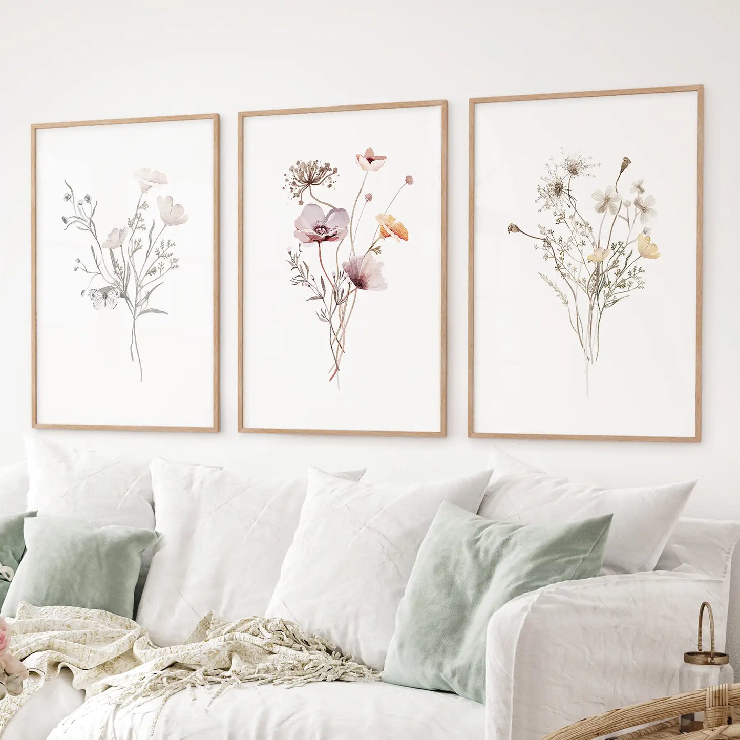 Watercolor meadow flowers prints in wood frames, botanical set of 3 for cottage interiors