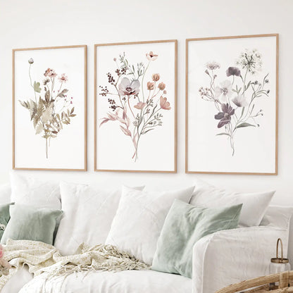Soft wildflowers wall art set in natural wood frame, perfect for cozy interiors