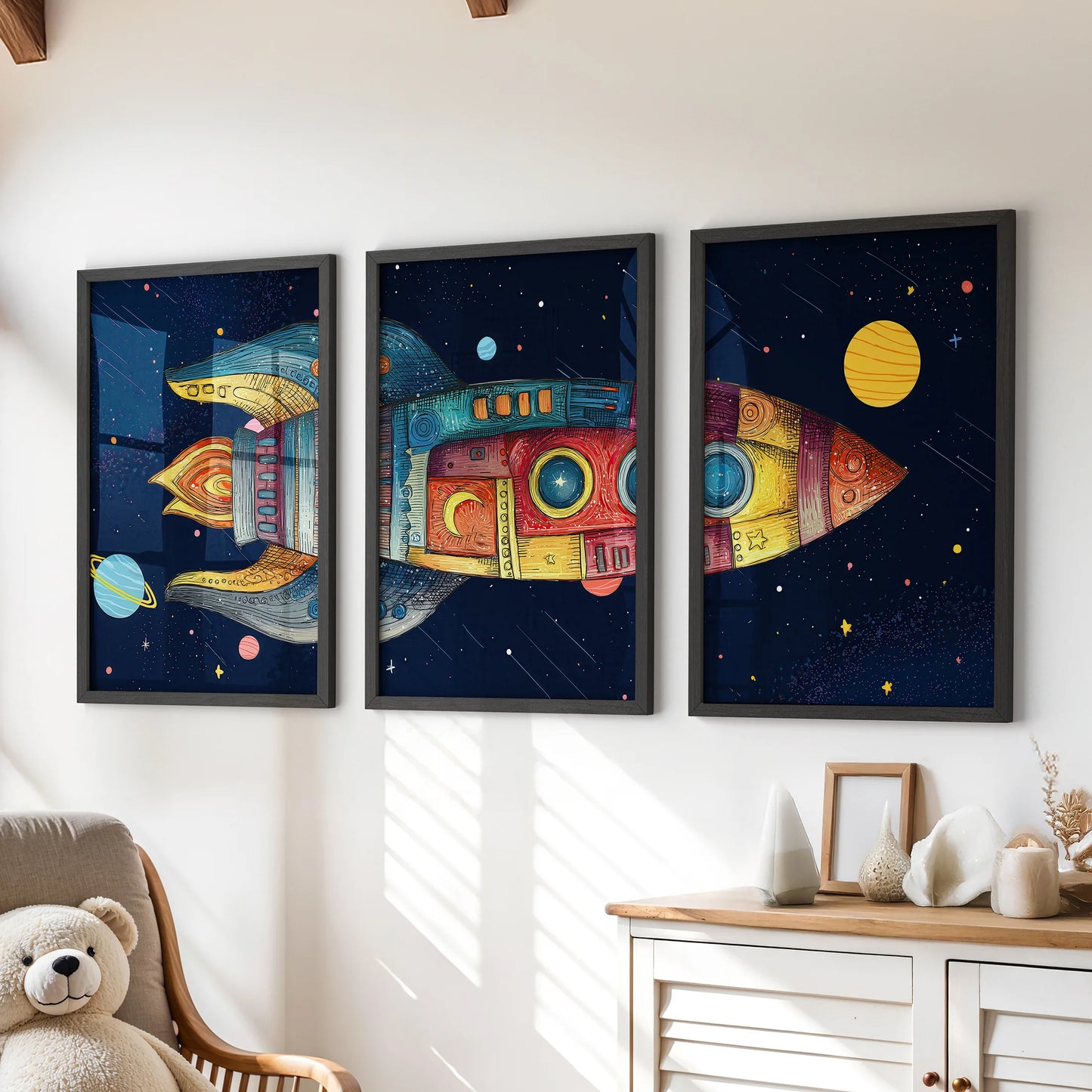 Three black-framed prints forming a colorful rocket ship in a starry sky with planets on a kids’ room wall.